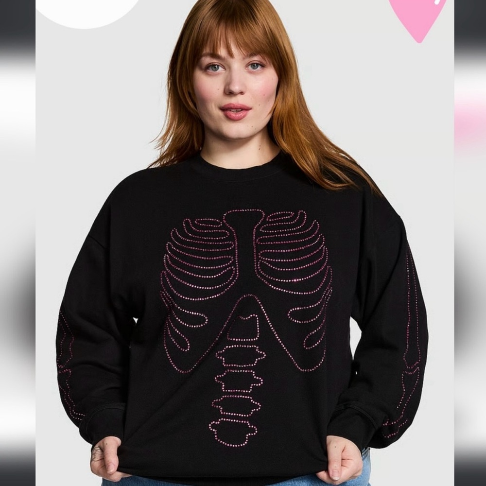 Victoria's Secret Pink Halloween Rhinestone Skull Oversized Ivy Crew Sweatshirt